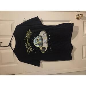 Large Rick and Morty Black Graphic T-Shirt with Spaceship Print